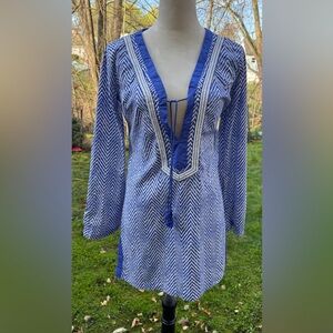 Athleta Cotton Blend Blue White Long Sleeve Cover Up Tassels Boho Size XS
